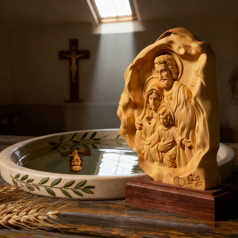 Southern European Boxwood Holy Family Blessing Ornament - Engraved with Your Surname