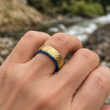 Two-Tone Hammered Titanium Steel Ring, Gold Exterior & Blue Inner Band, 8mm Wide Comfort Fit Wedding Band, Unique Promise Ring for Men