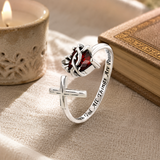 Sacred Heart of Jesus Thorn Flame Cross Adjustable Open Ring