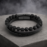 Triple Strand Natural Tiger Eye & Lava Rock Braided Leather Men’s Bracelet