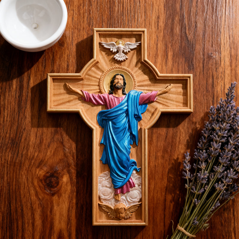 Bgcopper October New Release: Hand-Carved Painted Wood Cross — The Ascension of Christ