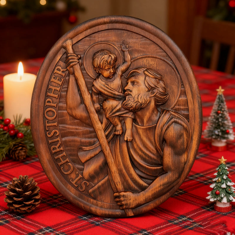 St.Christopher Christian Wood Carving Plaque/The patron saint of travelers