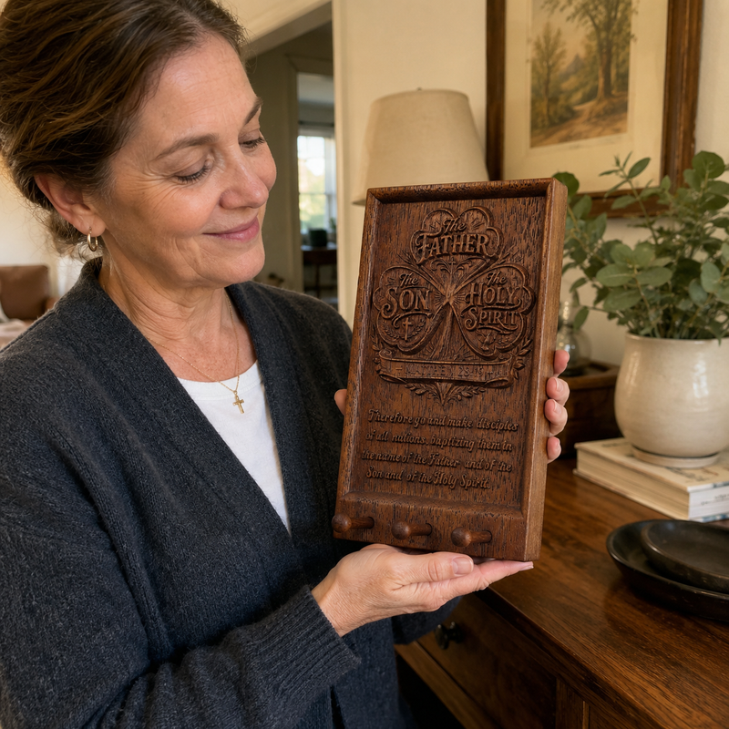 Matthew 28 19 scripture carved into walnut wood plaque