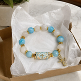Chalcedony Cross Beaded Bracelet, Vintage Religious Printed Tube Bead Faith Jewelry for Women