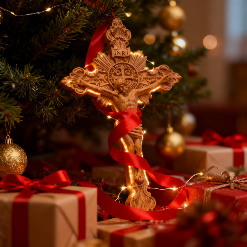Wood carving of the Cross of the Order of Saint Benedict - with base