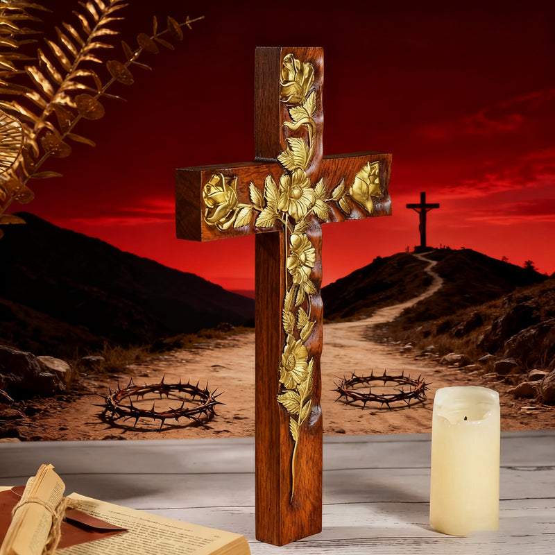 Hand-Carved Rose Cross Wall Art ✝️🌹 | Solid Beechwood Christian Decor with Golden Flowers