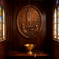 Our Lady of Fatima Wood Carving Decoration - Virgin Wall Pendant - size and finish detail