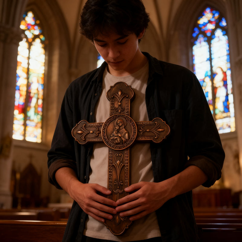 Wooden crucifix of the Virgin, Virgin Mary, Baby Jesus, religious wooden icon, wall crucifix, wall decoration
