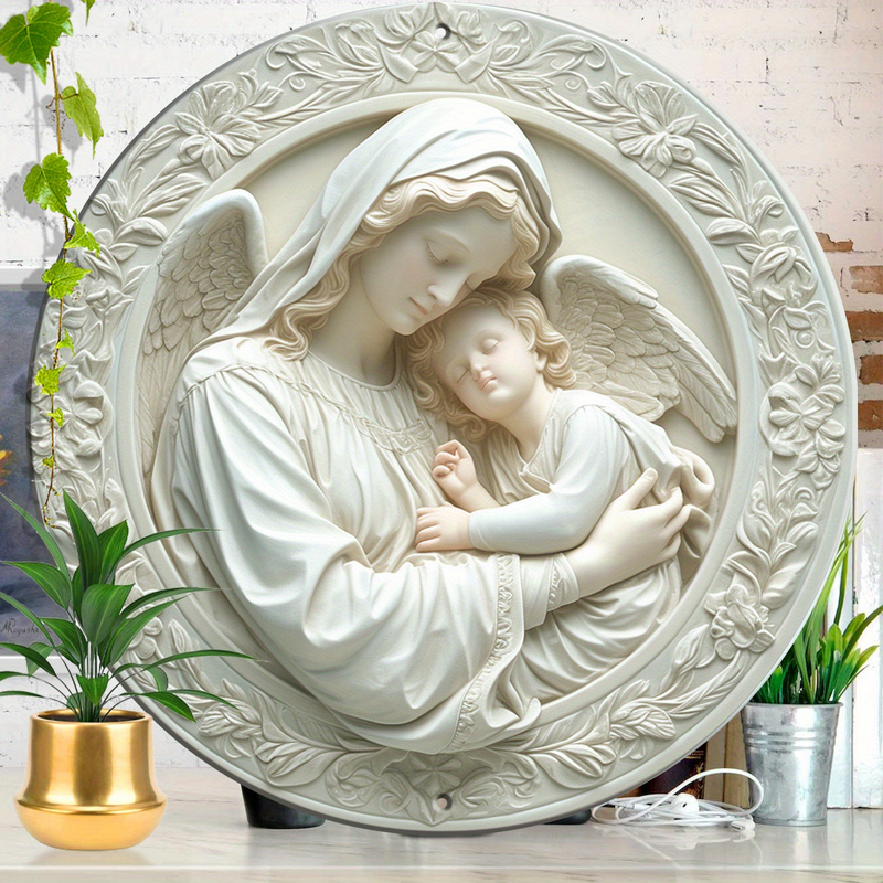 Christian Holy Family Relief Decorative Plaque - 8 Inch / 12 Inch Aluminum Waterproof Religious Wall Art (with Mounting Accessories)