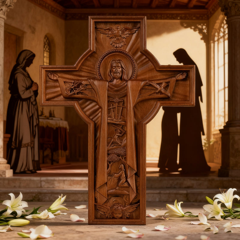 Bgcopper Ascension of Jesus wood carving cross