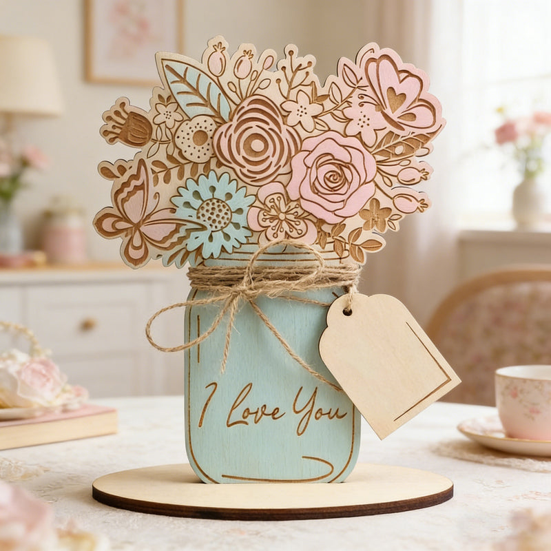 Painted flower card displayed on a shelf