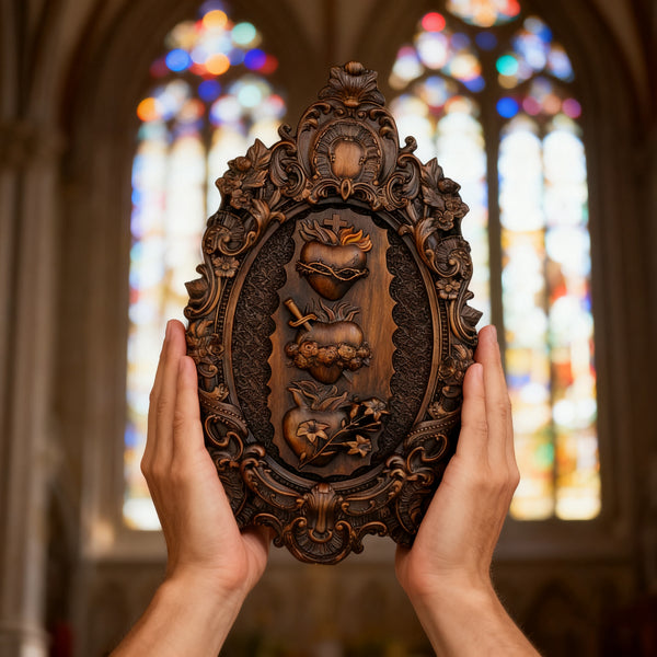 Three Sacred Hearts of the Holy Family | Solid Wood Carving Gift