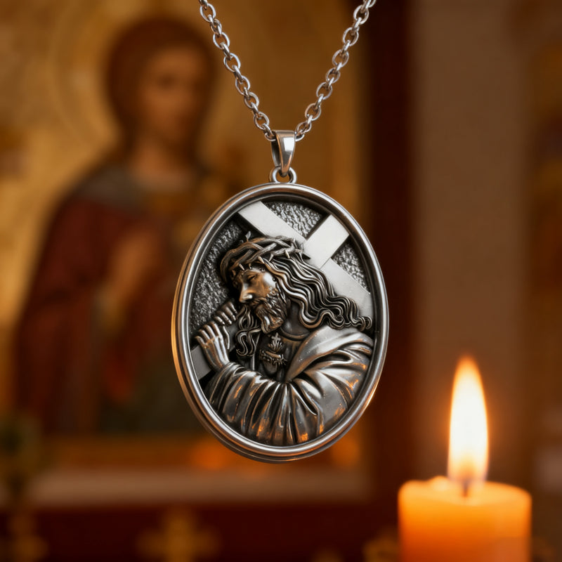 Divine Grace: Jesus Carrying the Cross with Sacred Heart S925 Sterling Silver Pendant Necklace