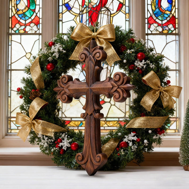 Bgcopper Ornate Wooden Cross - Carved from natural wood