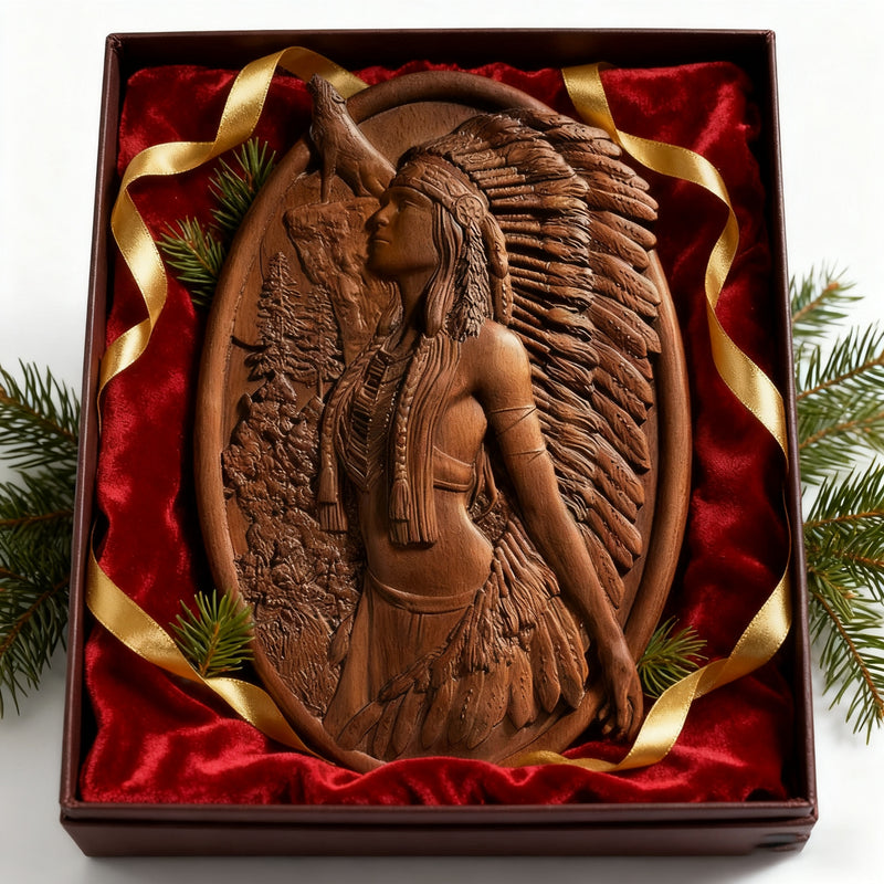 Native American Woman Wood Carving - Hand-Carved Solid Wood Art - Indigenous Home Decor