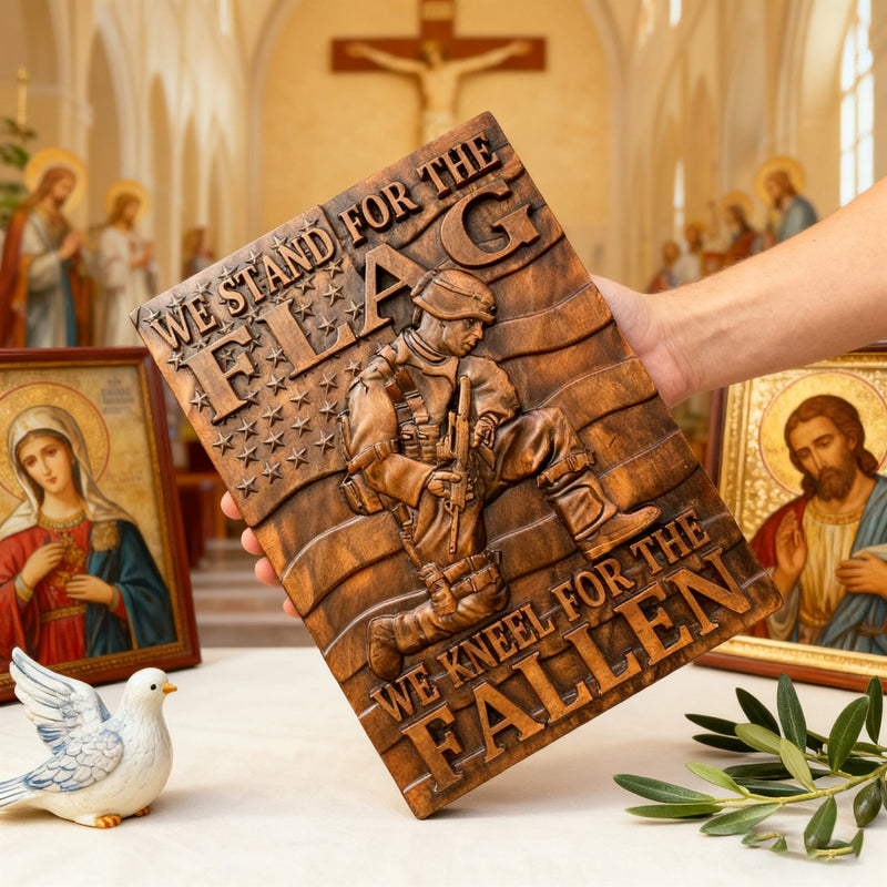 We Stand For The Flag, We Kneel For The Fallen -American soldier wood carving memorial icon