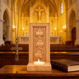 Holy Family Three Sacred Hearts Candlestick Wooden Carved Tabletop Arrangement