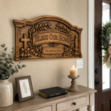 Personalized “Bless Our Home” Hand-Carved Beechwood Wall Plaque - design detail