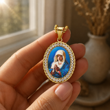 Iced Oval Praying Virgin Mary Portrait Pendant Necklace, 316L Stainless Steel Gold Plated Our Lady Medal Necklace With Rope Chain Religious Jewelry