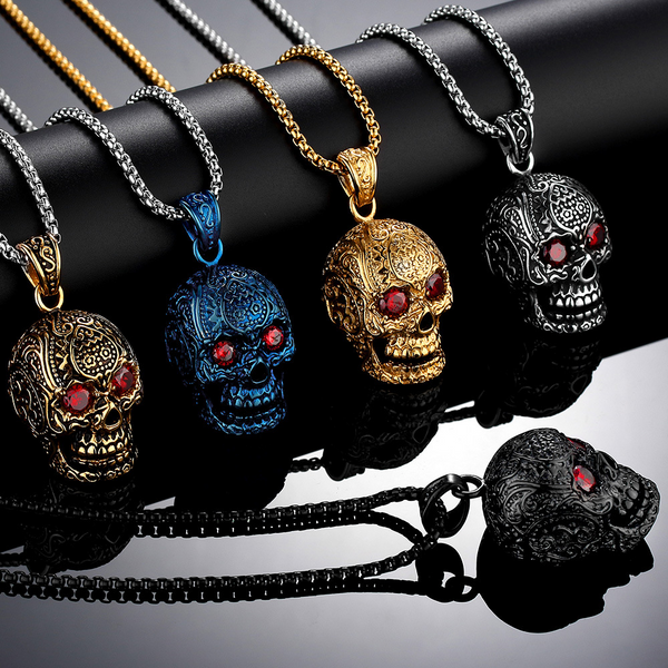 Herren Edelstahl Cubic Zircnia Augen Gravierte Totenkopf-Anhänger Halskette