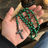 Green Malachite-Style Bead Christian Cross Prayer Rosary Necklac