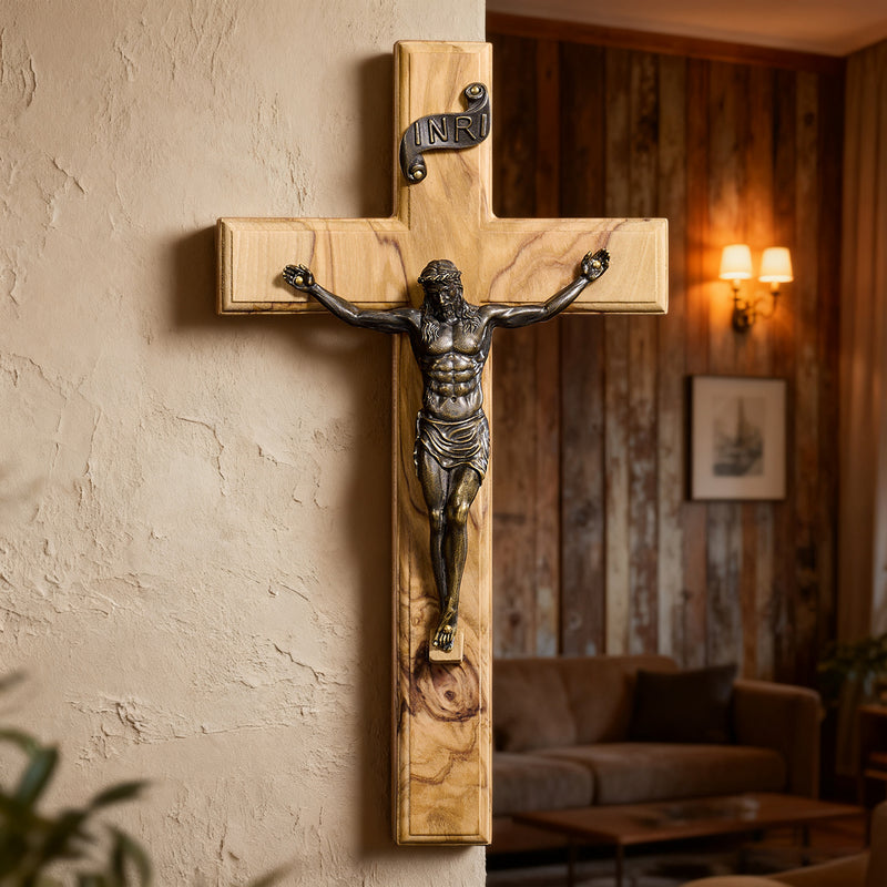Olive Wood Crucifix with Bronze Corpus: A Bridge to Sacred Devotion