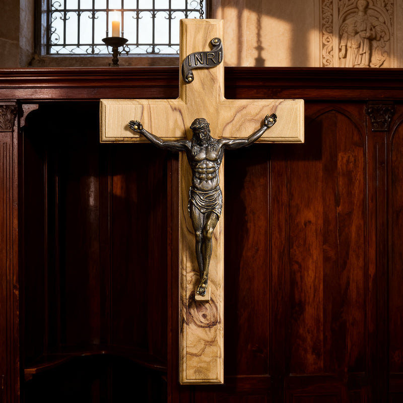 Olive Wood Crucifix with Bronze Corpus: A Bridge to Sacred Devotion