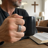 Vintage Antiqued Open-Band Cross Cutout Stainless Steel Ring
