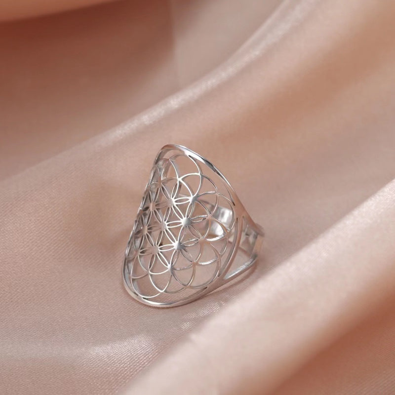 Cutout Flower of Life Mandala Ring for Women Sacred Geometry Ring Statement Stainless Steel Hollowed Out Adjustable Band Ring Jewelry