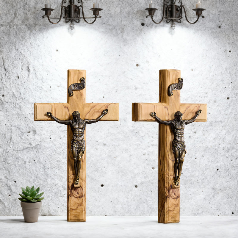 Olive Wood Crucifix with Bronze Corpus: A Bridge to Sacred Devotion