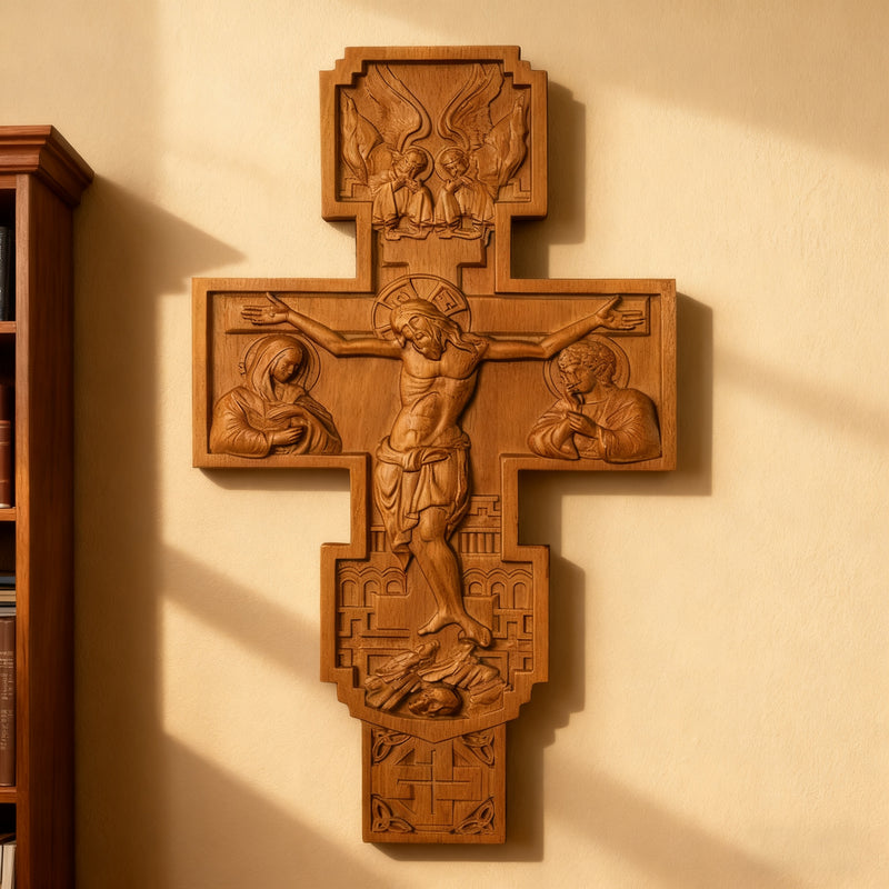 Hand-Carved Beechwood Religious Cross: A Sacred Artistic Testament to Christian Faith