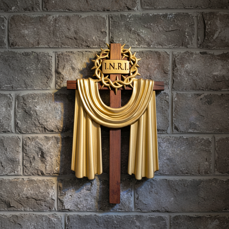 Hand-carved beechwood cross – Crown of Thorns and Resurrection Drape