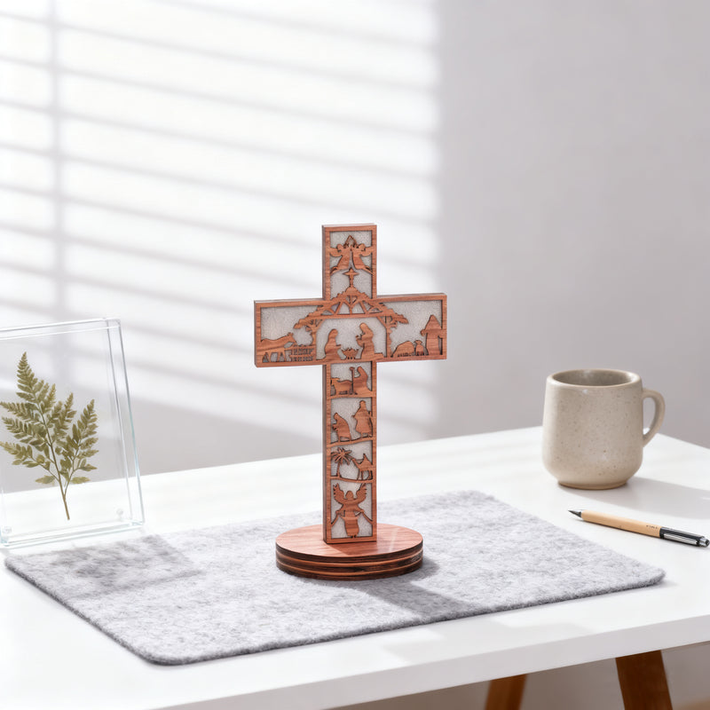 Boxwood LED Nativity Cross – The Light of Christ Shines Within
