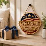 U.S. Founding 250th Anniversary Patriotic Wooden Welcome Door Sign: WELCOME · 1776–2026 · 250 YEARS OF FREEDOM