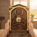 Sacred Heart of Jesus Hand-Carved Beechwood Relief - Divine Mercy Home Altar Decor