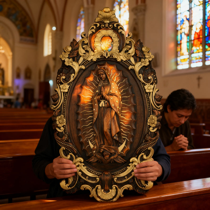 Religious gift with rich details of the wooden statue of Our Lady of Guadalupe