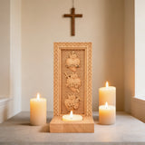 Holy Family Three Sacred Hearts Candlestick Wooden Carved Tabletop Arrangement