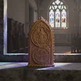 Hand-Carved Beechwood St. Benedict Medal Desktop Ornament