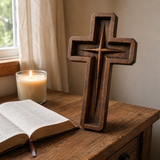 Hand-Carved Star of Bethlehem Wooden Cross – Christian Wall Decor & Faith Gift