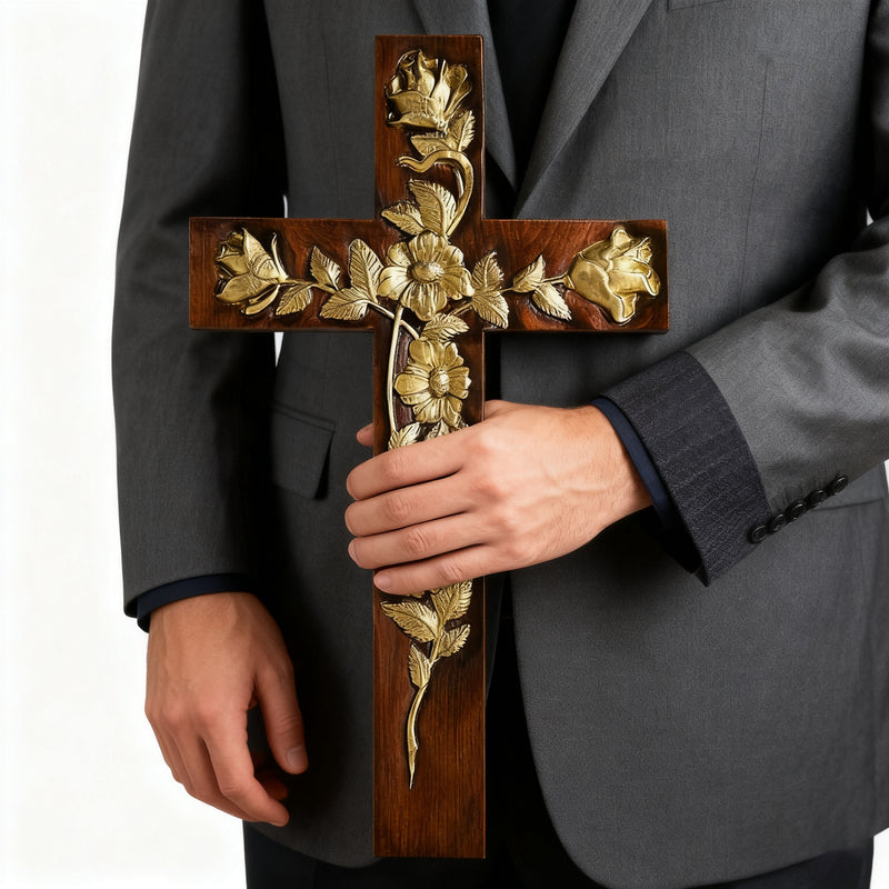 Hand-Carved Rose Cross Wall Art ✝️🌹 | Solid Beechwood Christian Decor with Golden Flowers