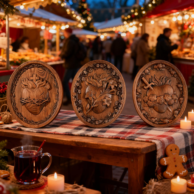 Sacred Family Three Sacred Hearts Wall Decoration Wood Sculpture