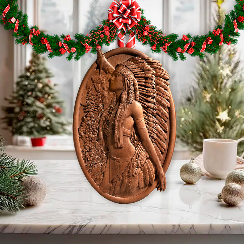Native American Woman and Wolf Wood Carving Decor - Engraved on Natural Wood