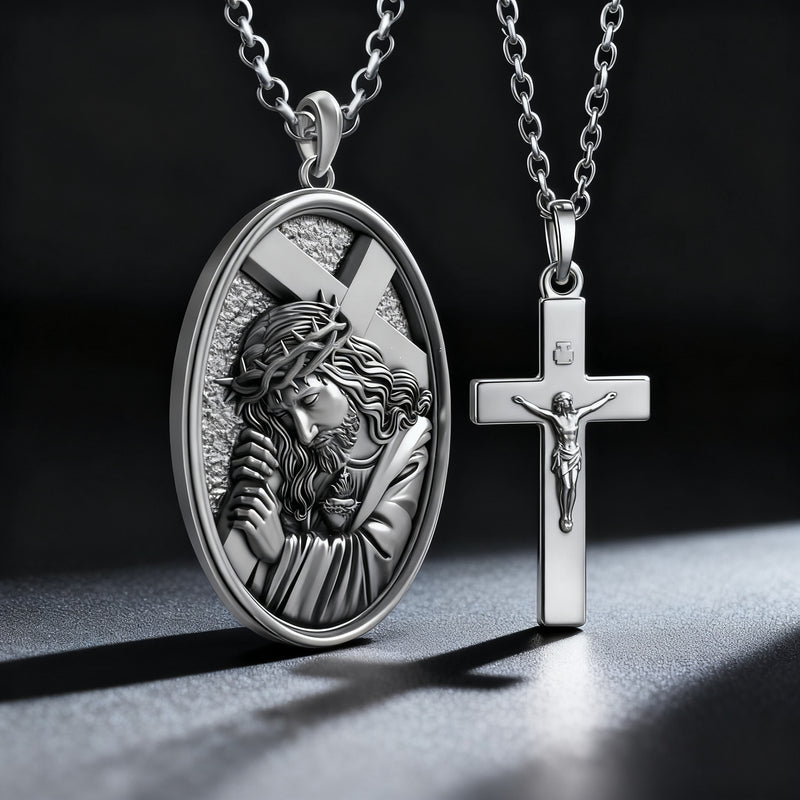 Divine Grace: Jesus Carrying the Cross with Sacred Heart S925 Sterling Silver Pendant Necklace