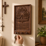 Holy Trinity Wooden Key Holder – Hand-Carved Walnut Wall Plaque with Matthew 28:19