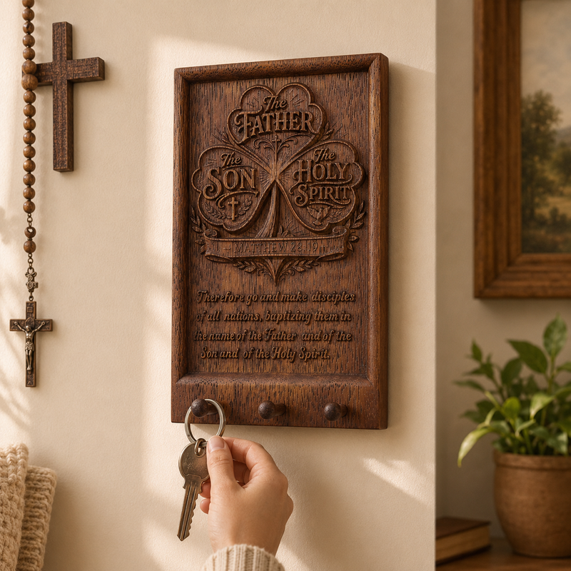 Holy Trinity walnut wood entryway blessing key holder with Matthew 28:19