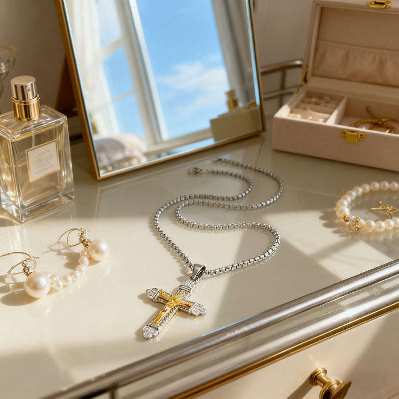 Titanium Steel Crucifix NecklacTitanium Steel Crucifix Necklace with Zircon | A Testament of Strength and Faithe with Zircon