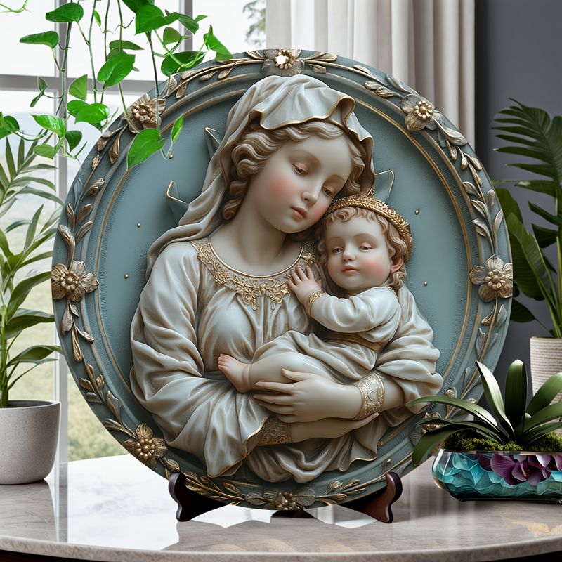 Christian Holy Family Relief Decorative Plaque - 8 Inch / 12 Inch Aluminum Waterproof Religious Wall Art (with Mounting Accessories)