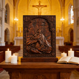 Jesus in Gethsemane Hand-Carved Wood Wall Art: The Weight of His Humble Sorrow