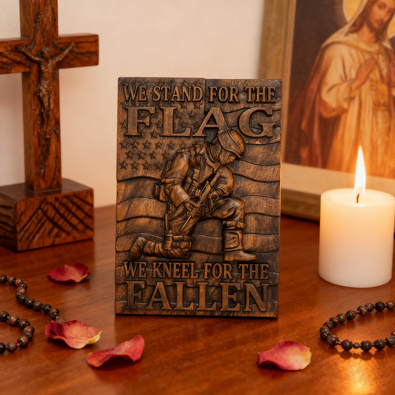 We Stand For The Flag, We Kneel For The Fallen -American soldier wood carving memorial icon