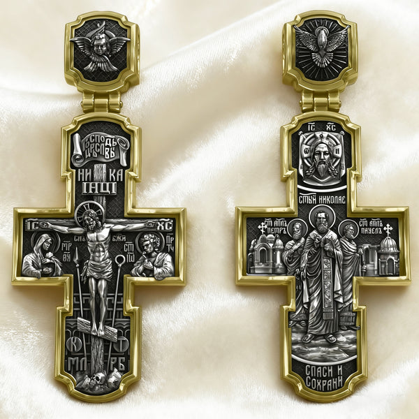 Orthodox S925K Silver Double-Sided Engraved Jesus Christ Crucified and Saints Orthodox Necklace
